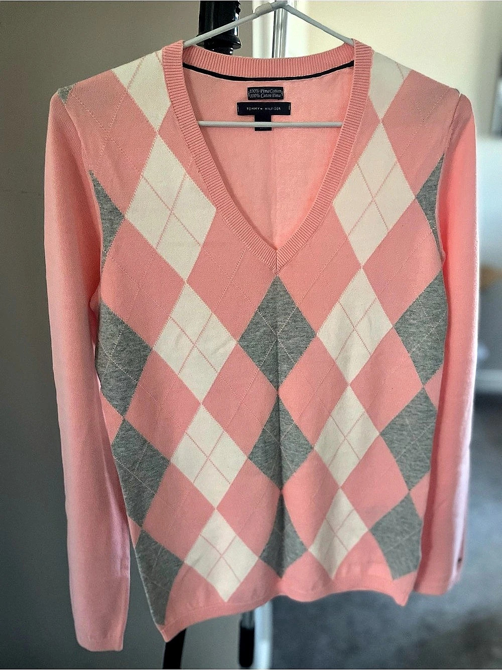 Tommy Hilfiger Pink Argyle V-Neck Pima Cotton Sweater Small